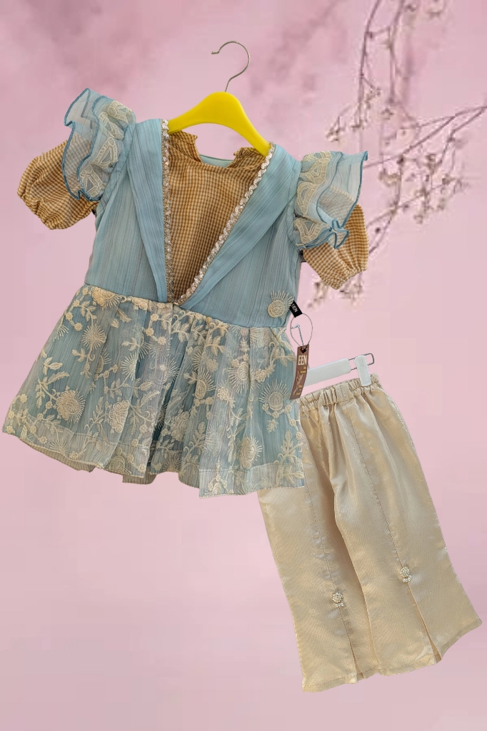 Embroidered Chiffon with Sequence Lace (Aqua Blue)